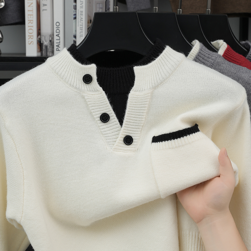 Men'S Fashion V Neck Sweater - Men's Fake Two-Piece Knitted Long Sleeved