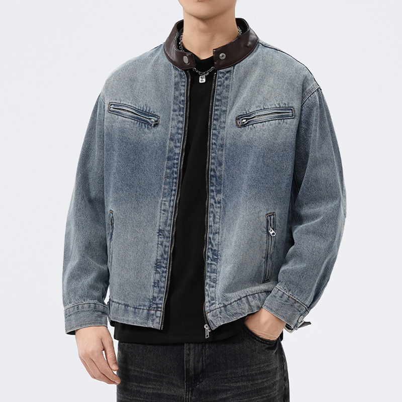 Men'S Fashion Linen Pants - Stand Leather Collar Denim Jacket Men