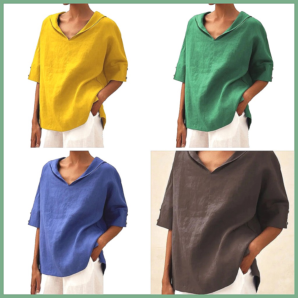 Women's Loose V-Neck Cotton Li - Linen Shirt Summer review and price