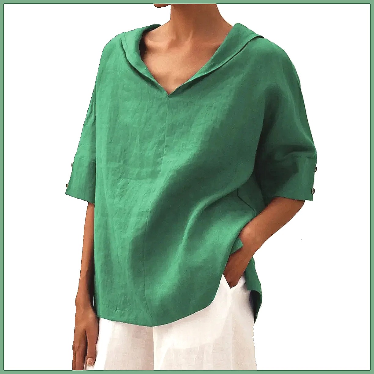 Women's Loose V-Neck Cotton Li - Linen Shirt Summer review and price