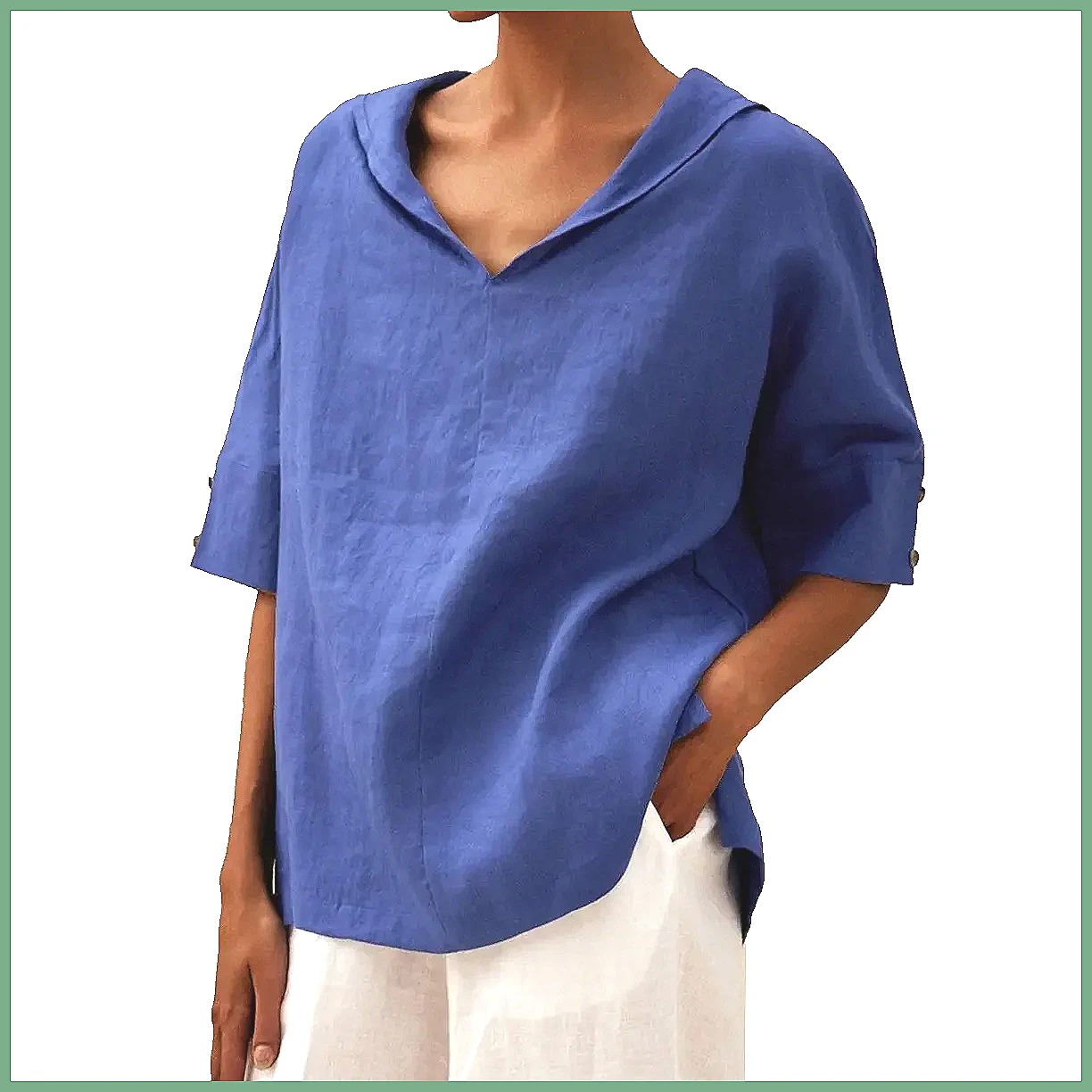 Women's Loose V-Neck Cotton Li - Linen Shirt Summer review and price